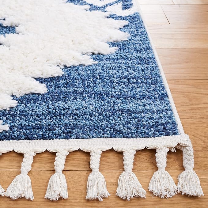 SAFAVIEH Moroccan Tassel Shag Collection Accent Rug - 4' x 6', Blue & Ivory, Boho Design, Non-Shedding & Easy Care, 2-inch Thick Ideal for High Traffic Areas in Foyer, Living Room, Bedroom (MTS652M)
