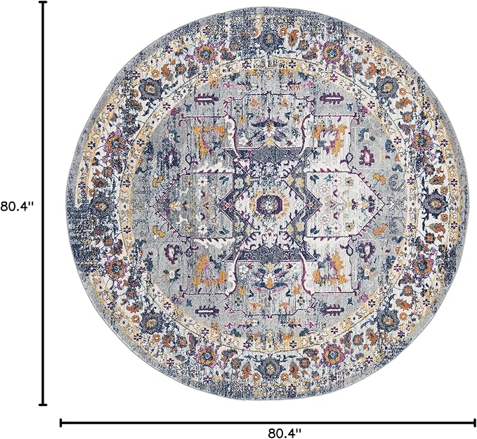 SAFAVIEH Evoke Collection 6'7" Round Grey / Navy EVK275G Oriental Medallion Distressed Non-Shedding Dining Room Entryway Foyer Living Room Bedroom Area Rug