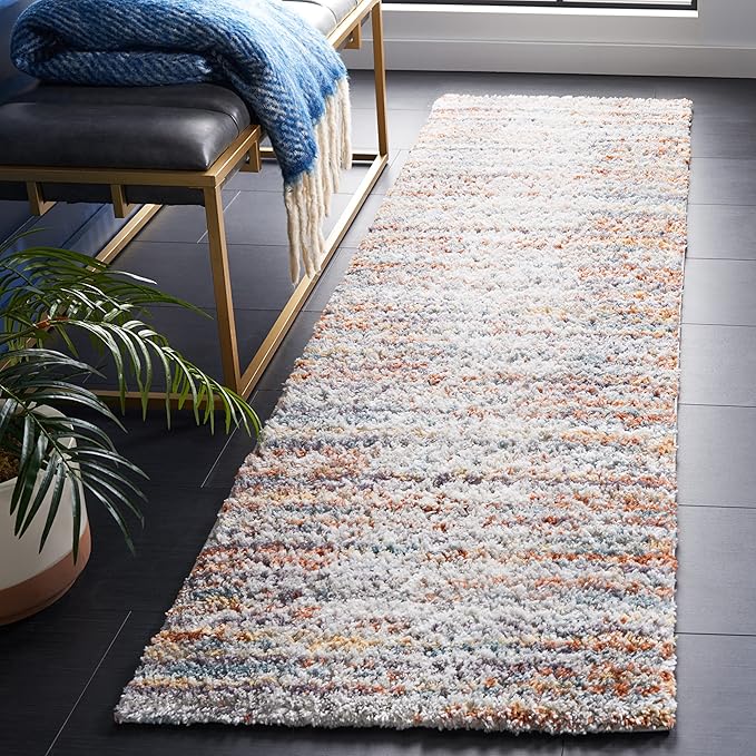 SAFAVIEH Berber Shag Collection Runner Rug - 2'3" x 6', Blue Rust & Ivory, Stripe Design, Non-Shedding & Easy Care, 1.25-inch Thick Ideal for High Traffic Areas in Living Room, Bedroom (BER565A)