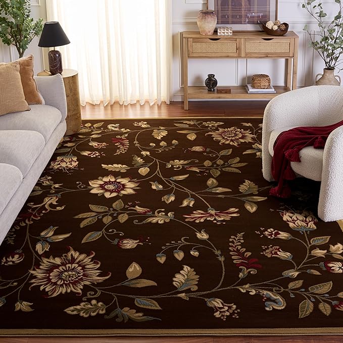 SAFAVIEH Lyndhurst Collection Area Rug - 8'9" x 12', Brown & Multi, Traditional Floral Design, Non-Shedding & Easy Care, Ideal for High Traffic Areas in Living Room, Bedroom (LNH552-2591)