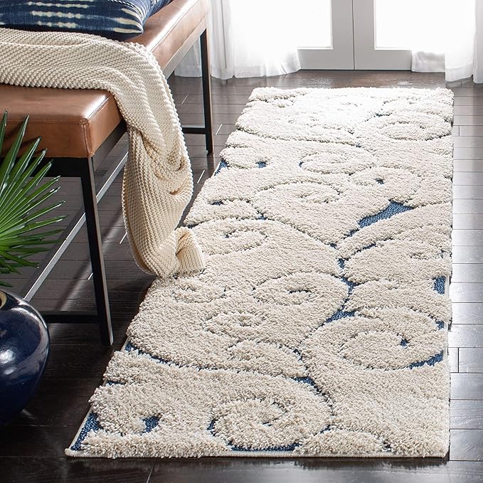 SAFAVIEH Florida Shag Collection Runner Rug - 2'3" x 11', Cream & Blue, Scroll Design, Non-Shedding & Easy to Clean, High-Low Plush Pile, Ideal for Bedroom, Foyer, Hallway (SG455-1165)