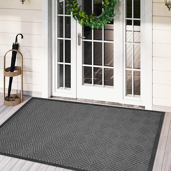 tonchean Front Door Mat 3x5FT Heavy Duty Indoor Outdoor Doormat, Non-Slip Door Mat Indoor Entrance, Rubber Backing Low Profile Mat, Commercial Entrance Doormat for Patio Porch, Grey