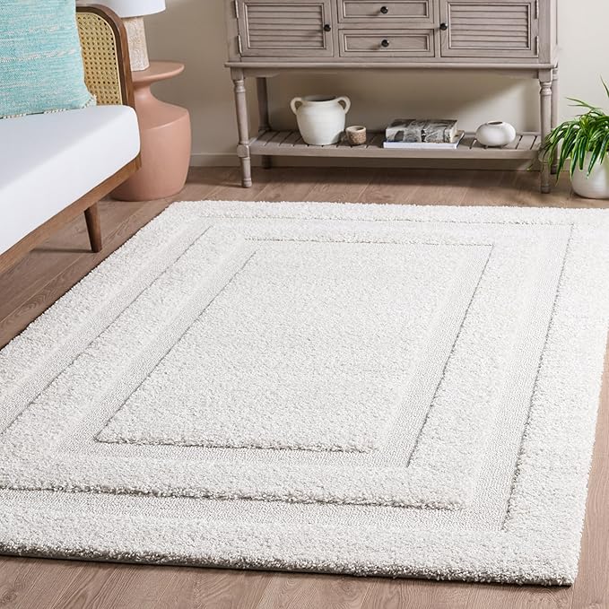 SAFAVIEH Florida Shag Collection Area Rug - 6'7" Square, Creme & Creme, Border Design, Non-Shedding & Easy Care, 1.2-inch Thick Ideal for High Traffic Areas in Living Room, Bedroom (SG454-1111)