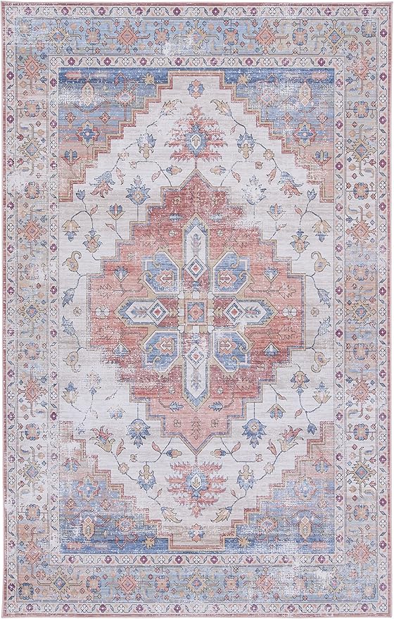 SAFAVIEH Washable Rug Tucson Collection - 4' x 6', Beige & Blue, Slip Resistant & Easy to Clean, Ideal for Foyer, Kitchen, Nursery, Office, Bedroom (TSN109B)