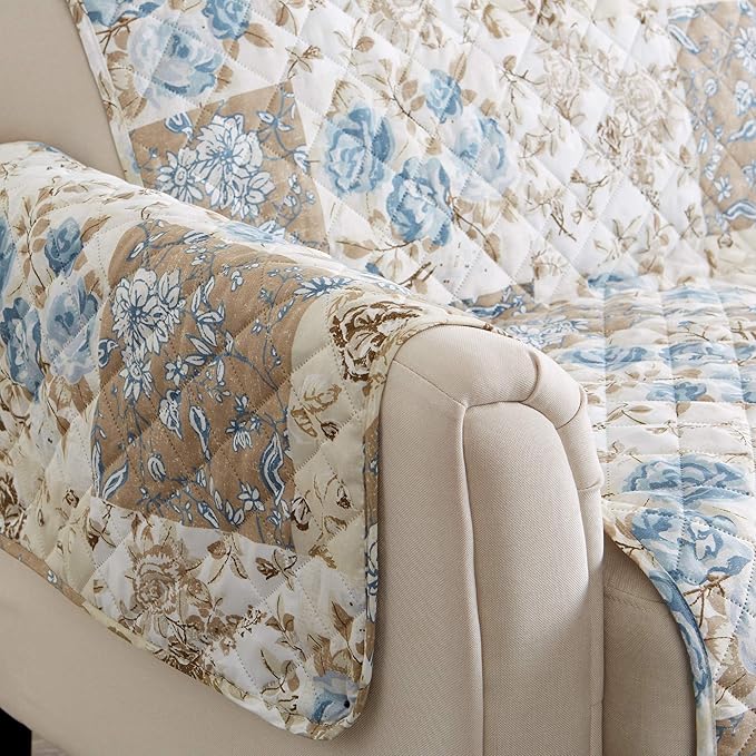 Great Bay Home Reversible Floral Patchwork Furniture Protector - Machine Washable, Scalloped Edge, Stain Resistant, Printed Furniture Cover for Dogs, Kids, and Pets (Recliner, Taupe/Blue)