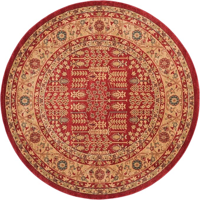 SAFAVIEH Mahal Collection Area Rug - 5'1" Round, Red & Natural, Non-Shedding & Easy Care, Ideal for High Traffic Areas in The Living Room, Dining, Bedroom (MAH697A)