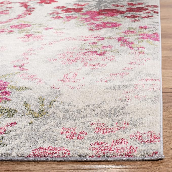 SAFAVIEH Monaco Collection Area Rug - 6'7" x 9'2", Ivory & Pink, Floral Design, Non-Shedding & Easy Care, Ideal for High Traffic Areas in Living Room, Bedroom (MNC205R)