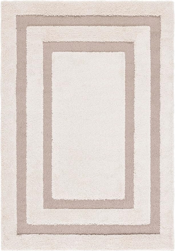 SAFAVIEH Florida Shag Collection Area Rug - 5'3" x 7'6", Beige & Dark Beige, Border Design, 1.2-inch Thick, Ideal for The Living Room, Dining, Bedroom (SG454)