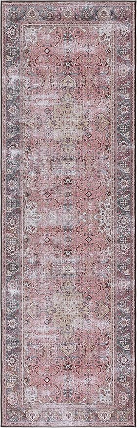 SAFAVIEH Washable Rug Tucson Collection - 2'6" x 6' Runner, Pink & Beige, Slip Resistant & Easy to Clean, Ideal for Hallway, Foyer, Entryway, Bedroom (TSN144U)