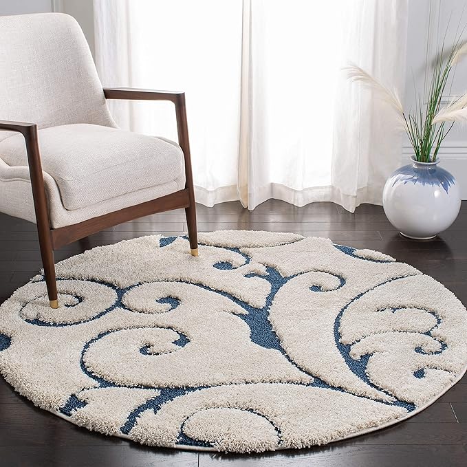 SAFAVIEH Florida Shag Collection Area Rug - 11' Round, Cream & Blue, Scroll Design, Non-Shedding & Easy to Clean, High-Low Plush Pile, Ideal for Living Room, Bedroom, Dining Space (SG455-1165)