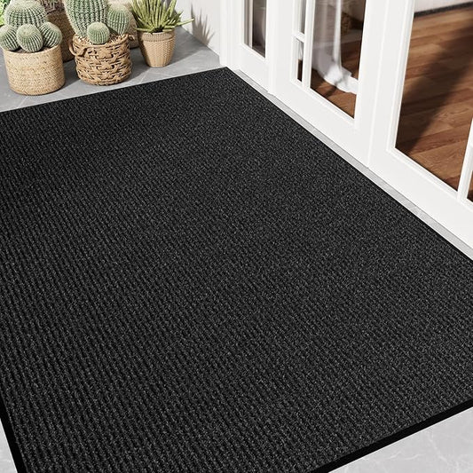 Front Door Mat 4' x 6', Low Profile Welcome Mat, Non-Slip Door Mat Outside Entrance, Resist Dirt Outdoor Mats, Heavy Duty Commercial Floor Mat for Entryway Indoor Outdoor, Black 1-Pack