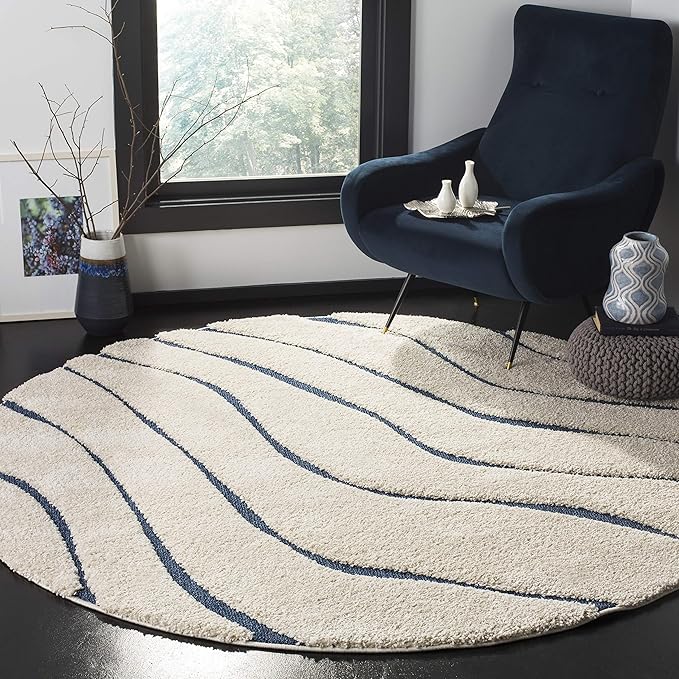 SAFAVIEH Florida Shag Collection Area Rug - 4' Round, Cream & Blue, Non-Shedding & Easy Care, 1.2-inch Thick Ideal for High Traffic Areas in Living Room, Bedroom (SG472-1165)