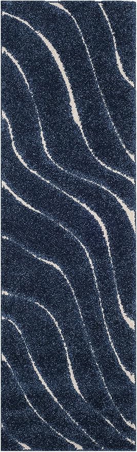 SAFAVIEH Florida Shag Collection Runner Rug - 2'3" x 9', Dark Blue & Cream, Non-Shedding & Easy Care, 1.2-inch Thick Ideal for High Traffic Areas in Living Room, Bedroom (SG472-6511)