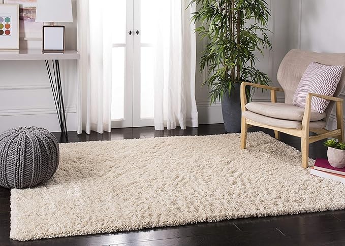 SAFAVIEH Fontana Shag Collection Area Rug - 8' Square, Creme, Solid Design, Non-Shedding & Easy Care, 2-inch Thick Ideal for High Traffic Areas in Living Room, Bedroom (FNT800B)