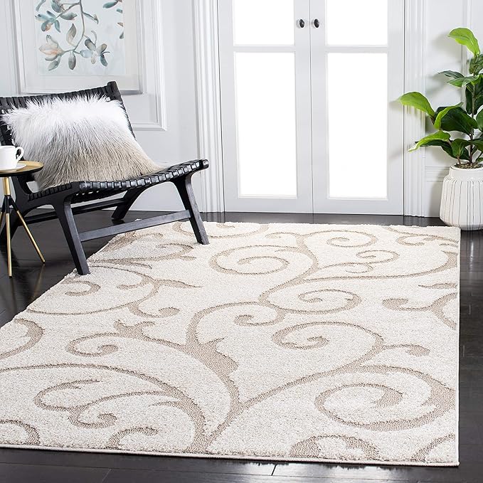 SAFAVIEH Florida Shag Collection Area Rug - 6' x 9', Ivory & Beige, Scroll Design, Non-Shedding & Easy to Clean, High-Low Plush Pile, Ideal for Living Room, Bedroom, Dining Space (SG455-13LT)