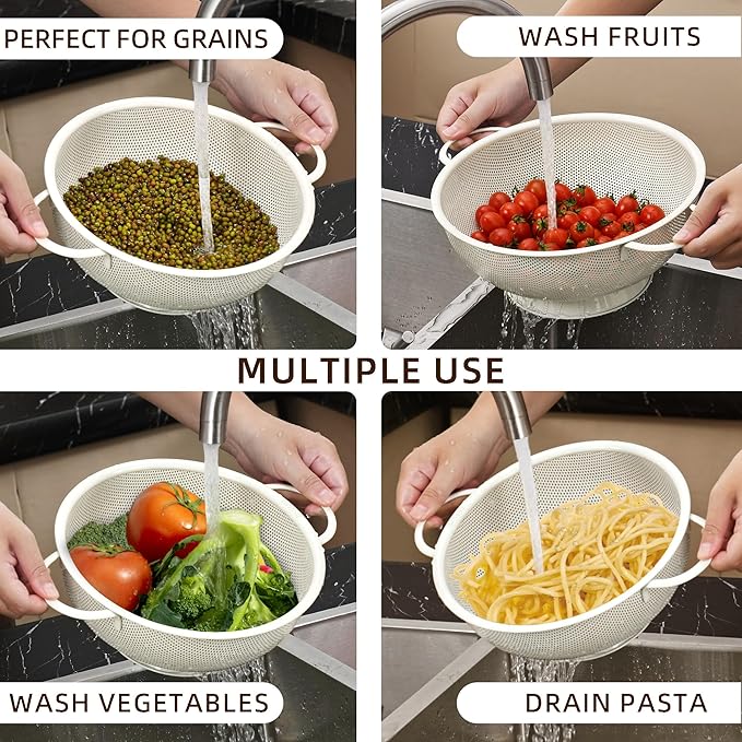 Stainless Steel Colander 3 Piece,Metal Strainer Basket with Solid Base and Handles for Kitchen Food,Pasta, Noodles, Vegetables and Fruits,Powder Coated,BPA Free,Dishwasher Safe,2 & 3 & 4.5 Qt (Cream)