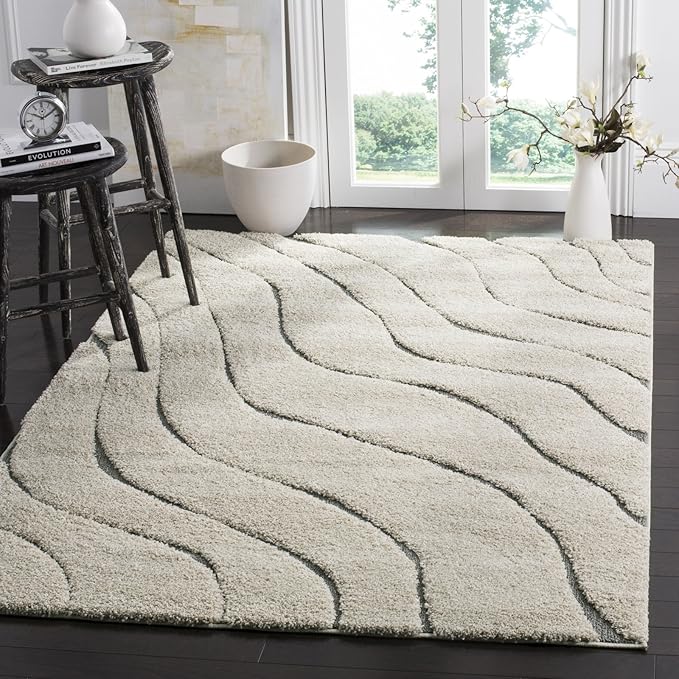 SAFAVIEH Florida Shag Collection Accent Rug - 3'3" x 5'3", Cream & Grey, Non-Shedding & Easy Care, 1.2-inch Thick Ideal for High Traffic Areas in Entryway, Living Room, Bedroom (SG472-1180)