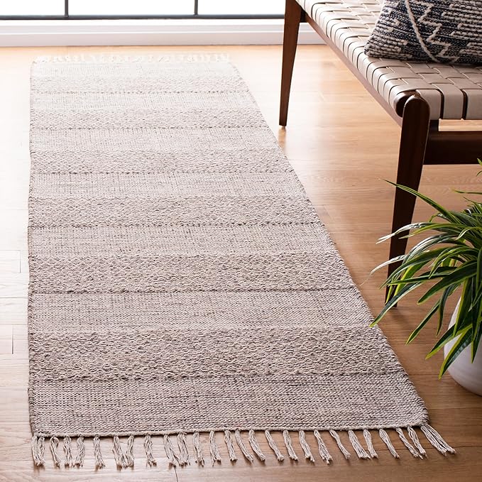 SAFAVIEH Montauk Collection Runner Rug - 2'3" x 8', Ivory & Steel Grey, Handmade Flat Weave Boho Farmhouse Cotton Tassel Fringe, Ideal for High Traffic Areas in Living Room, Bedroom (MTK330M)