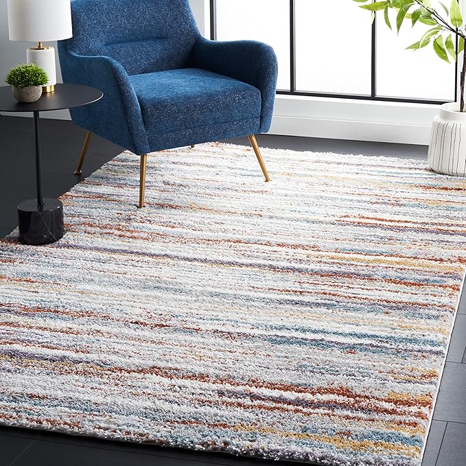 SAFAVIEH Berber Shag Collection Accent Rug - 3' x 5', Blue Rust & Ivory, Stripe Design, Non-Shedding & Easy Care, 1.25-inch Thick Ideal for High Traffic Areas in Foyer, Living Room, Bedroom (BER565A)