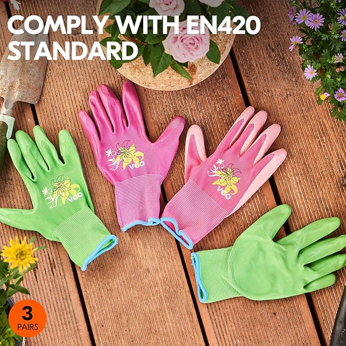 Vgo... 3Pairs Ladies' Nitrile Coating Gardening and Work Gloves (Size M, Green & Pink & Purple, NT2110)