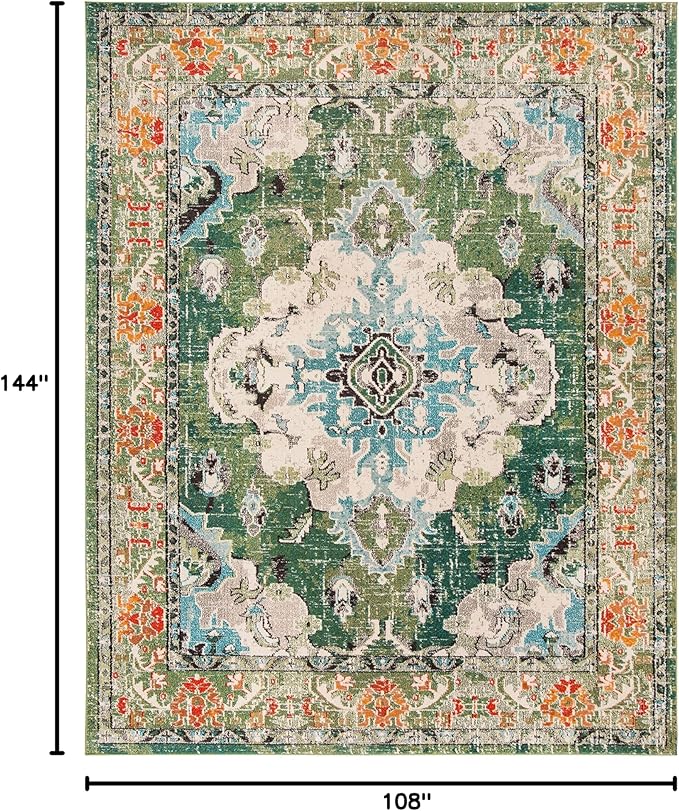 SAFAVIEH Monaco Collection Area Rug - 9' x 12', Forest Green & Light Blue, Non-Shedding & Easy to Clean, Distressed Medallion Design, Ideal for Living Room, Bedroom, Dining Space (MNC243F)