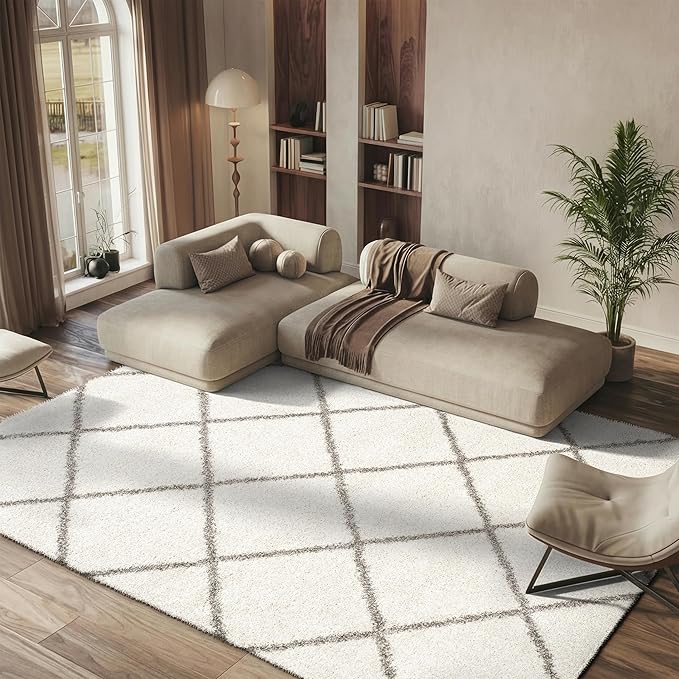 SAFAVIEH Hudson Shag Collection Area Rug - 9' x 12', Ivory & Grey, Modern Trellis Design, Non-Shedding & Easy Care, 2-inch Thick Ideal for High Traffic Areas in Living Room, Bedroom (SGH281A)