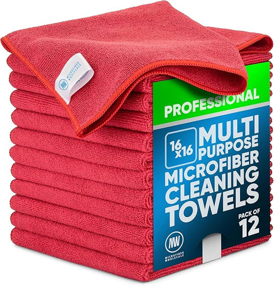 MW Pro Microfiber Cleaning Cloths, Red, 16 × 16 in, 12 Pack
