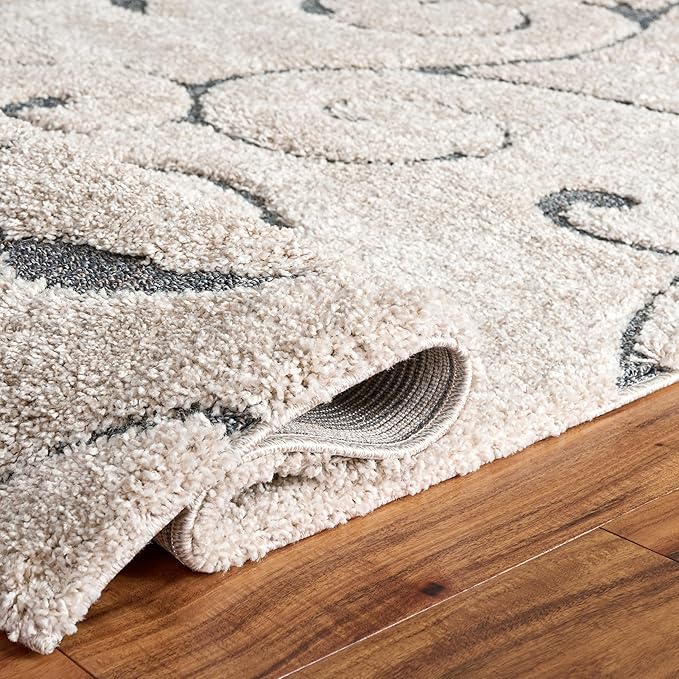 SAFAVIEH Florida Shag Collection Runner Rug - 2'3" x 13', Beige & Blue Grey, Scroll Design, Non-Shedding & Easy to Clean, High-Low Plush Pile, Ideal for Bedroom, Foyer, Hallway (SG455-1155)