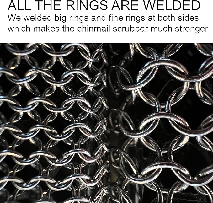 Cast Iron Chainmail Scrubber - Fine Ring - 316 Stainless Steel Skillet Cleaner - Built-in Silicone with Welded Rings - for Cookware, Cast Iron Pots, BBQ and Plates (Standard 2 in 1)