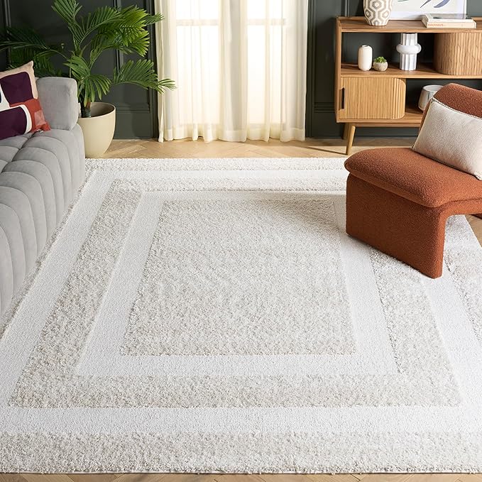 SAFAVIEH Florida Shag Collection Area Rug - 8'6" x 12', Creme & Creme, Border Design, Non-Shedding & Easy Care, 1.2-inch Thick Ideal for High Traffic Areas in Living Room, Bedroom (SG454-1111)