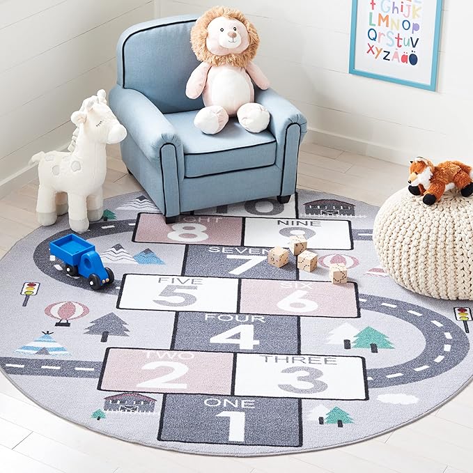 SAFAVIEH Washable Rug Kids Playhouse Collection - 6'7" Round, Grey & Pink, Slip Resistant & Easy to Clean, Ideal for Kids Room, Playroom, Nursery, Boys & Girls Room (KPH226A)