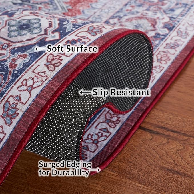 SAFAVIEH Washable Rug Tucson Collection - 2'6' x 8' Runner, Red & Navy, Slip Resistant & Easy to Clean, Ideal for Hallway, Foyer, Entryway, Bedroom (TSN101S)