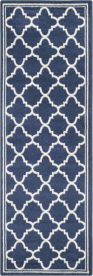 SAFAVIEH Amherst Collection Runner Rug - 2'3" x 21', Navy & Beige, Moroccan Trellis Design, Non-Shedding & Easy Care, Ideal for High Traffic Areas in Living Room, Bedroom (AMT422P)