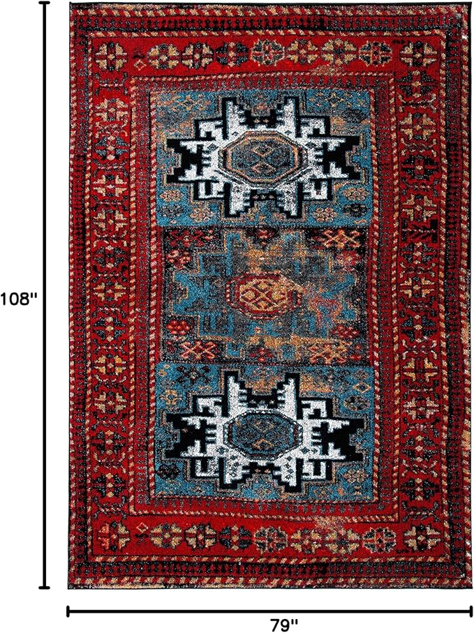 SAFAVIEH Vintage Hamadan Collection Area Rug - 6'7" x 9', Red & Blue, Geometric Design, Ideal for High Traffic Areas in Living Room, Bedroom & Dining Room (VTH213Q-6)