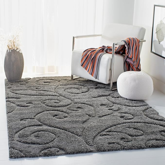 SAFAVIEH Florida Shag Collection Area Rug - 6' x 9', Grey, Scroll Design, Non-Shedding & Easy to Clean, High-Low Plush Pile, Ideal for Living Room, Bedroom, Dining Space (SG455-8013)