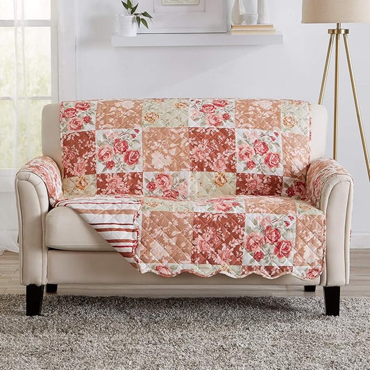 Great Bay Home Reversible Floral Patchwork Furniture Protector - Machine Washable, Scalloped Edge, Stain Resistant, Printed Furniture Cover for Dogs, Kids, and Pets (Loveseat, Burgundy/Taupe)