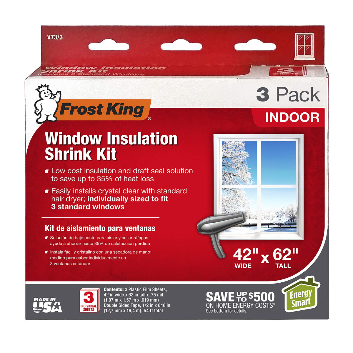 Frost King V73/3H Shrink Window Kit, Indoor, 42 x 62 in, 3 pack - Image 1