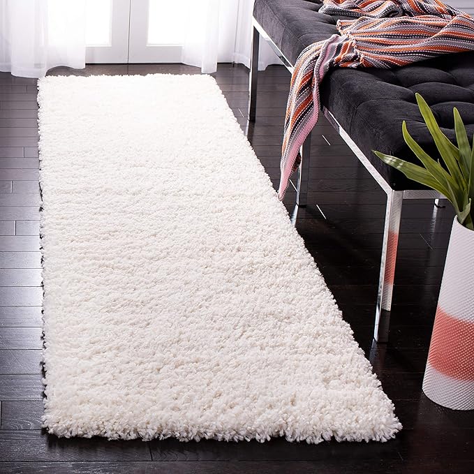 SAFAVIEH Fontana Shag Collection Runner Rug - 2'3" x 18', Ivory, Solid Design, Non-Shedding & Easy Care, 2-inch Thick Ideal for High Traffic Areas in Living Room, Bedroom (FNT800A)