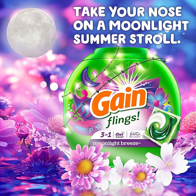 Gain Flings Laundry Detergent Pacs, 42 Count, Moonlight Breeze Scent, 3 in 1 HE Detergent Pacs with Oxi Boost and Febreeze