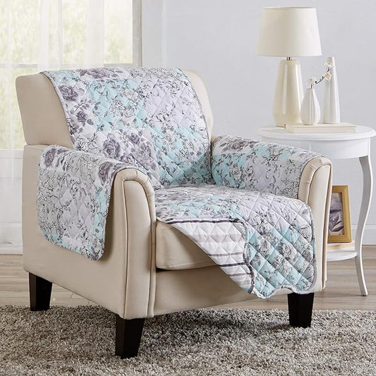Great Bay Home Reversible Floral Patchwork Furniture Protector - Machine Washable, Scalloped Edge, Stain Resistant, Printed Furniture Cover for Dogs, Kids, and Pets (Chair, Gray/Aqua)