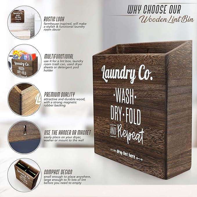 Magnetic Lint Bin for Laundry Room – Mountable, Wooden Lint Box/Holder/Trash Can or Organization and Storage Bin for Washer and Dryer Supplies – Rustic Farmhouse Decor by CADE + KAI (Torch Dark Brown)
