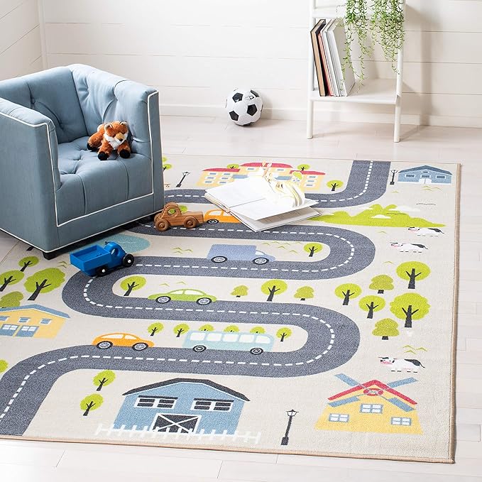 SAFAVIEH Washable Rug Kids Playhouse Collection - 4'4" x 6', Beige & Green, Slip Resistant & Easy to Clean, Ideal for Kids Room, Playroom, Nursery, Boys & Girls Room (KPH227A)
