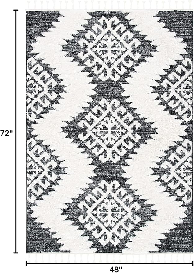 SAFAVIEH Moroccan Tassel Shag Collection Accent Rug - 4' x 6', Dark Grey & Ivory, Non-Shedding & Easy Care, 2-inch Thick Ideal for High Traffic Areas in Entryway, Living Room, Bedroom (MTS652H)