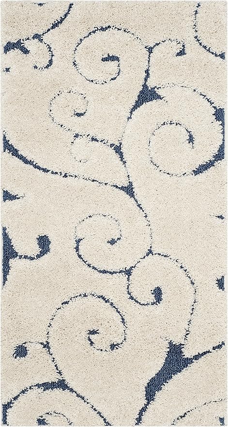 SAFAVIEH Florida Shag Collection Accent Rug - 2'3" x 5', Cream & Blue, Scroll Design, Non-Shedding & Easy Care, High-Low Plush Pile, Ideal for Bedroom, Foyer, Hallway (SG455-1165)