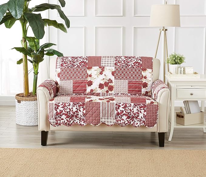 Great Bay Home Reversible Patchwork Loveseat Cover - Washable Slipcover Furniture Protector with Elastic Straps - Couch Cover for Dogs, Kids, and Pets - Box-Stitched Detail (Loveseat, Burgundy)