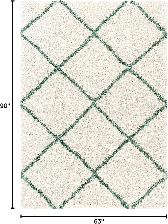 SAFAVIEH Hudson Shag Collection 5'3" x 7'6" Ivory / Green SGH281X Modern Diamond Trellis Non-Shedding Living Room Bedroom Dining Room Entryway Plush 2-inch Thick Area Rug