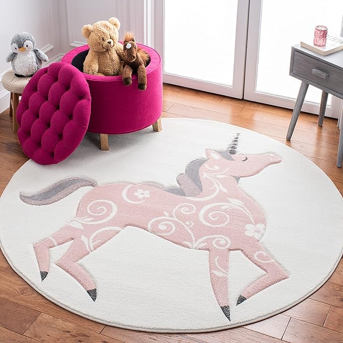 SAFAVIEH Carousel Kids Collection 3' Round Ivory/Pink CRK163A Unicorn Non-Shedding Playroom Nursery Bedroom Area Rug