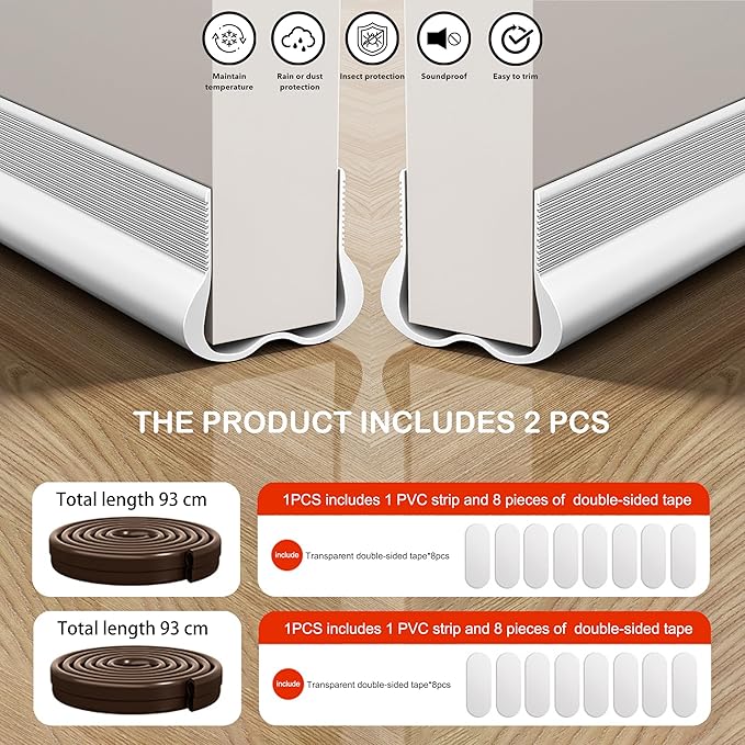 2Pack Garage Door Seal Strip, Bottom Door Weather Stripping for Door Frame, Self-Adhesive Soundproofing Draft Stopper, White, 36 Inch