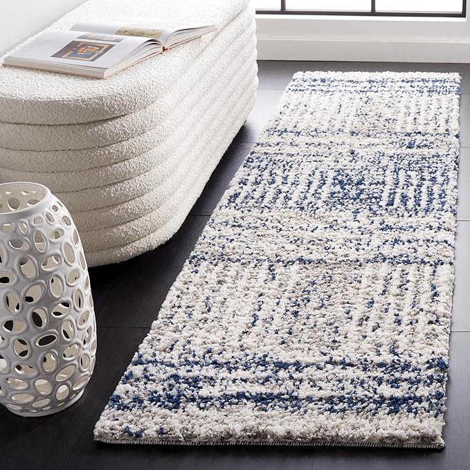 SAFAVIEH Jericho Shag Collection Runner Rug - 2'2" x 8', Navy & Ivory, Design, Non-Shedding & Easy Care, 1.2-inch Thick Ideal for High Traffic Areas in Living Room, Bedroom (JER100N)