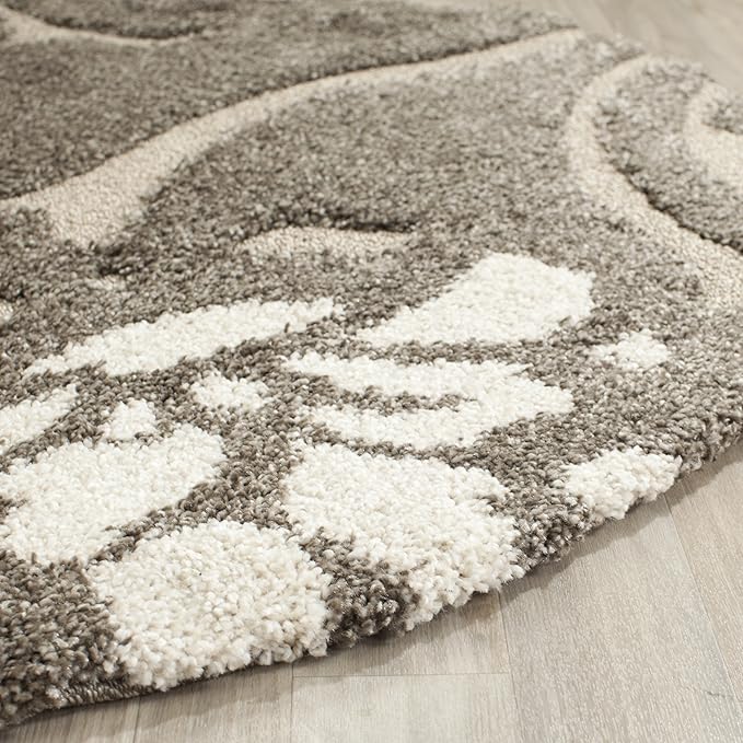 SAFAVIEH Florida Shag Collection Area Rug - 4' Round, Smoke & Beige, Floral Design, Non-Shedding & Easy Care, 1.2-inch Thick Ideal for High Traffic Areas in Living Room, Bedroom (SG464-7913)
